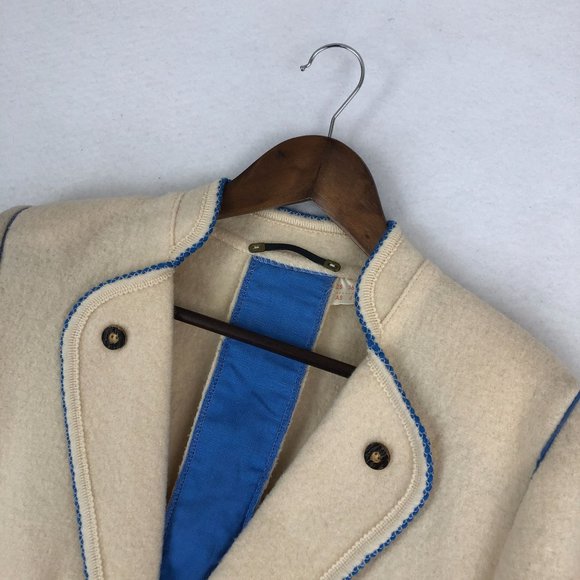 Litza VTG Women's Size 6 Cream Blue Pure New Wool Collared Blazer Jacket - Picture 2 of 14